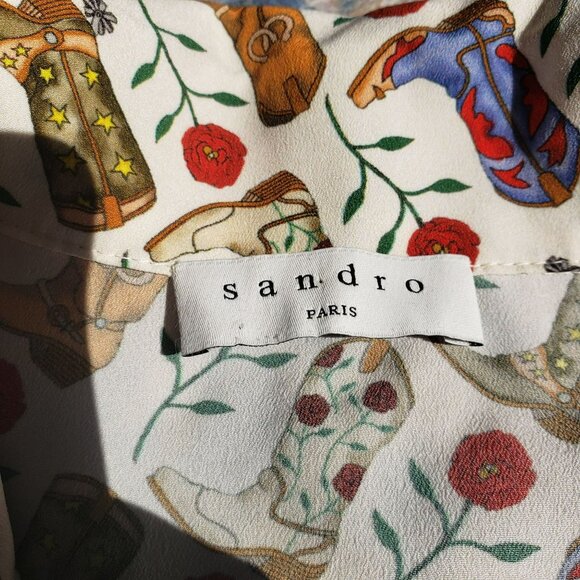 Sandro Cowboy Boot Print Belted Midi Shirt Dress Bootseen Western Cowgirl - Picture 14 of 16